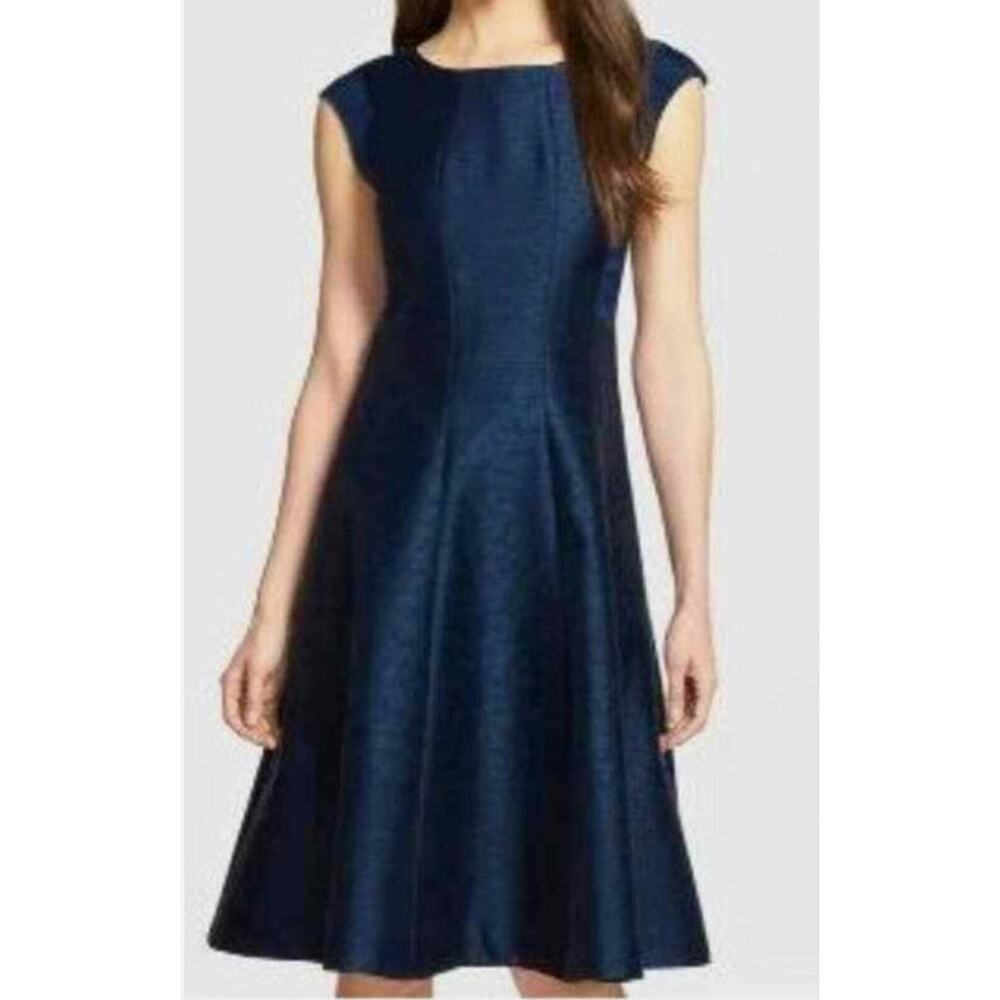 Lafayette 148 New York Full-Skirt Jacquard Panel Fit Flare Dress Navy Classic 4